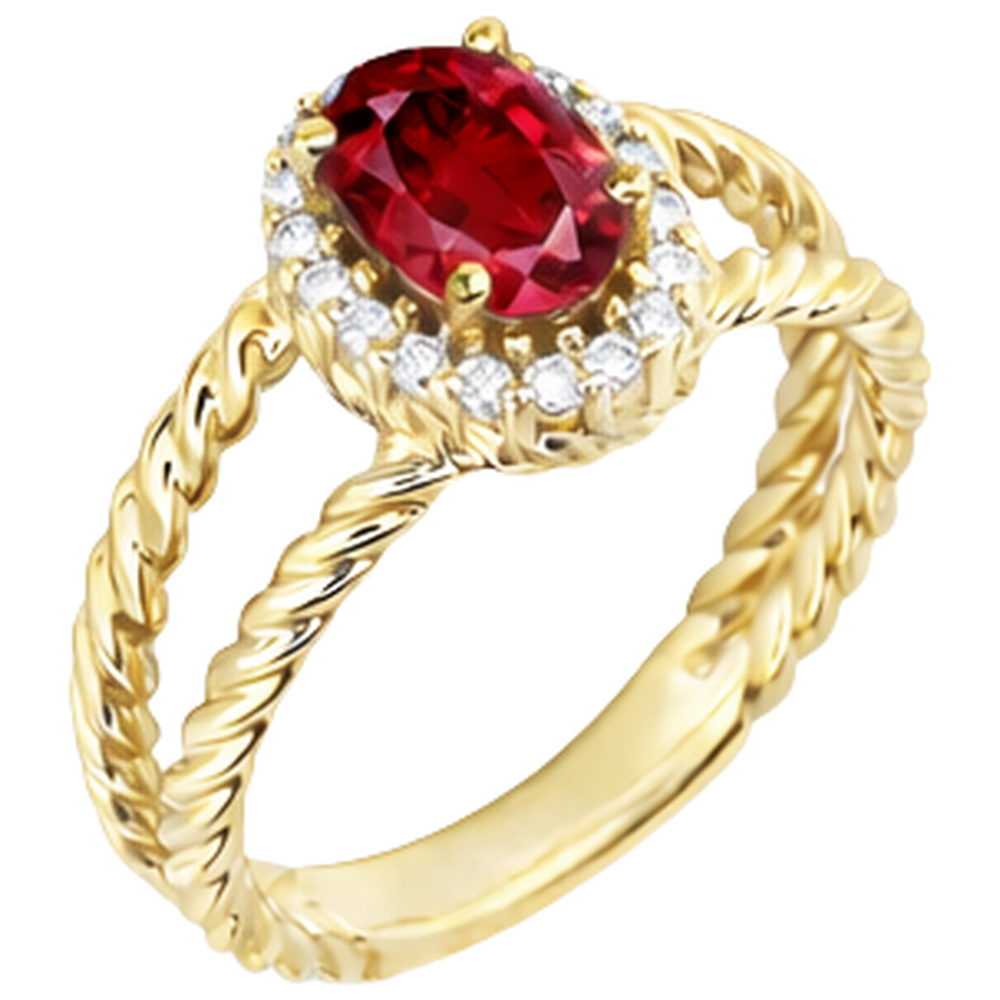 Round Natural Earth Mined Diamond ( Not Lab Grown )  & Oval Ruby Fancy Ring 1.25 Carats Yellow Gold 14K