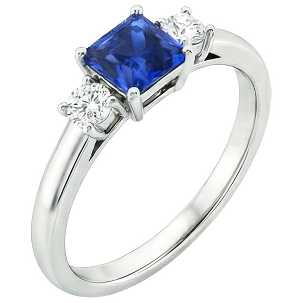 Round Natural Earth Mined Diamond ( Not Lab Grown ) & Princess Blue Sapphire Anniversary Ring 1.25 Carats