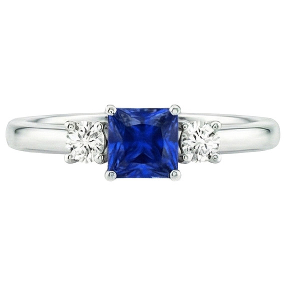 Round Natural Earth Mined Diamond ( Not Lab Grown ) & Princess Blue Sapphire Anniversary Ring 1.25 Carats