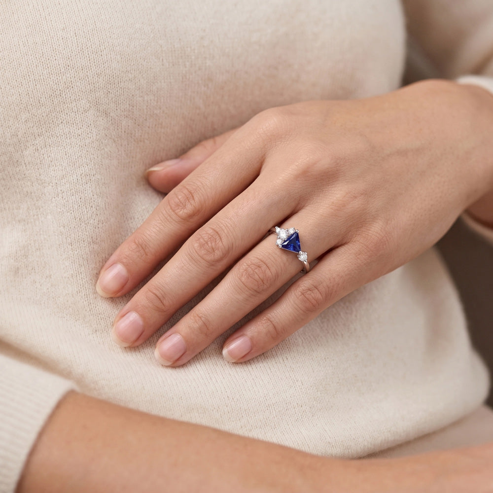 Round Natural Earth Mined Diamond ( Not Lab Grown ) & Trillion Sapphire Ring Gemstone Jewelry