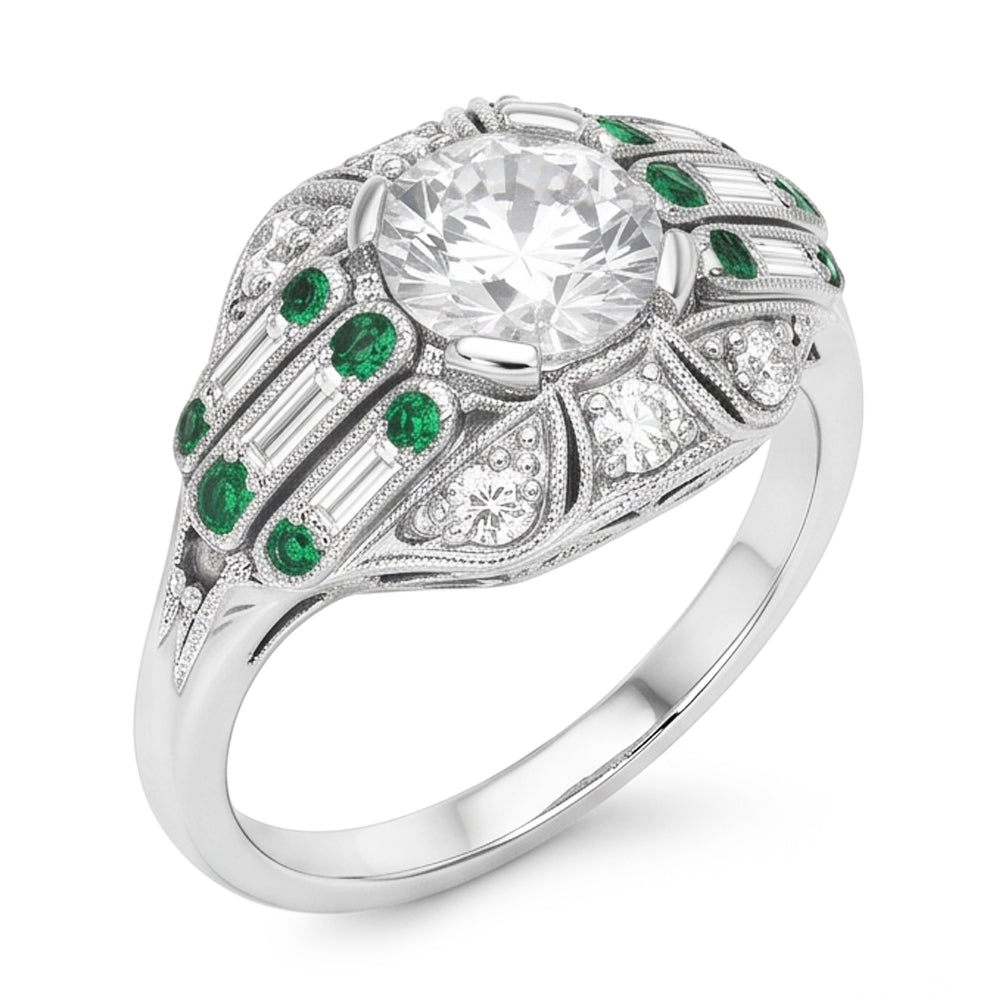 Round Old Mine Cut Real Natural Earth Mined Diamond ( Not Lab Grown ) Ring Baguette & Green Sapphire 3.25 Carats