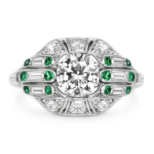 Round Old Mine Cut Real Natural Earth Mined Diamond ( Not Lab Grown ) Ring Baguette & Green Sapphire 3.25 Carats