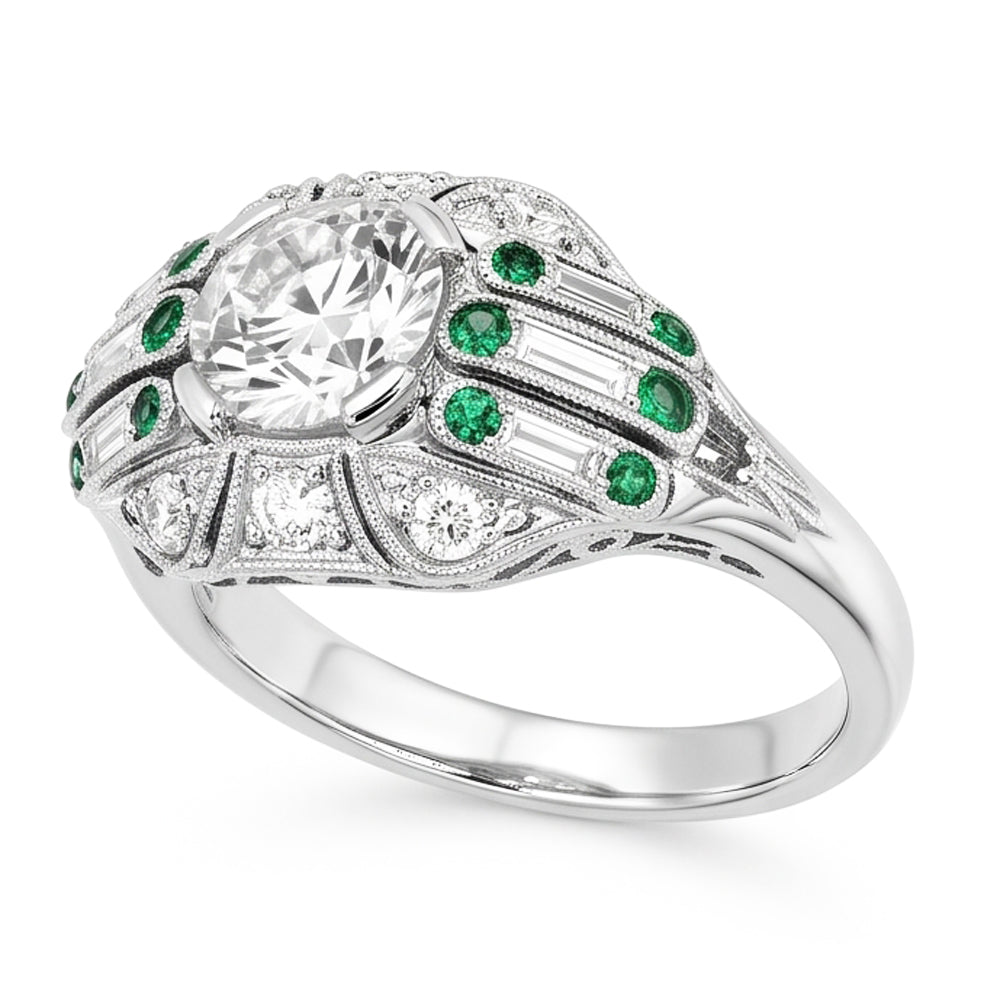 Round Old Mine Cut Real Natural Earth Mined Diamond ( Not Lab Grown ) Ring Baguette & Green Sapphire 3.25 Carats