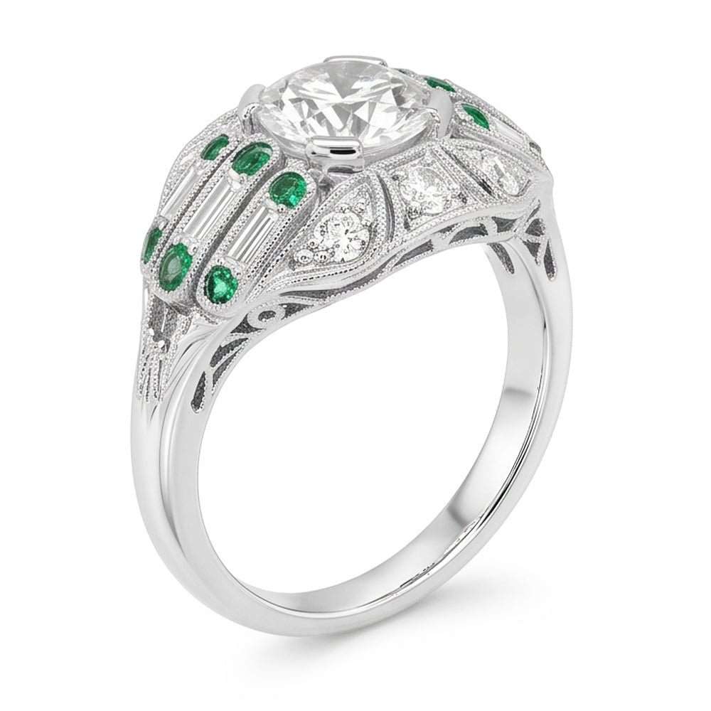 Round Old Mine Cut Real Natural Earth Mined Diamond ( Not Lab Grown ) Ring Baguette & Green Sapphire 3.25 Carats