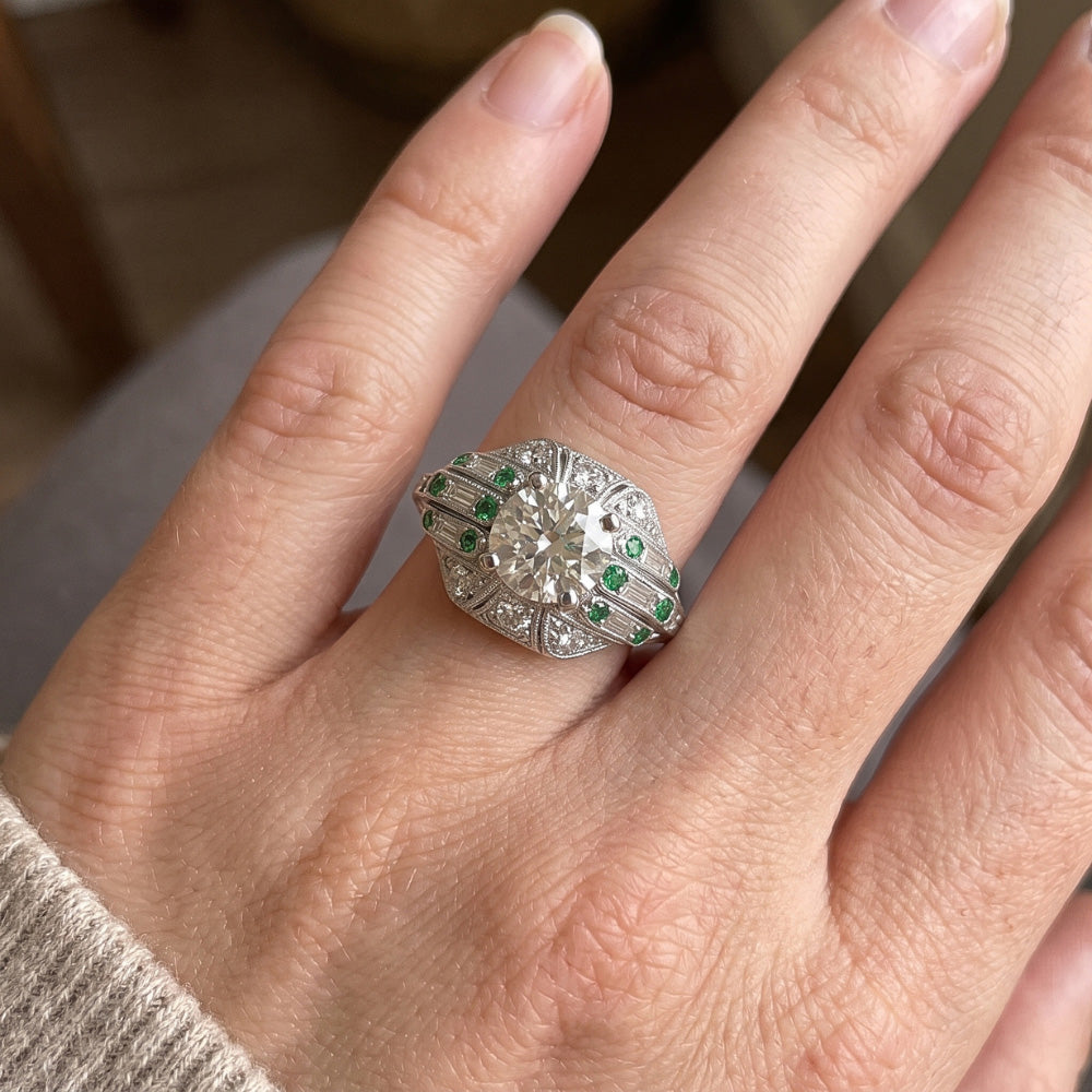 Round Old Mine Cut Real Natural Earth Mined Diamond ( Not Lab Grown ) Ring Baguette & Green Sapphire 3.25 Carats