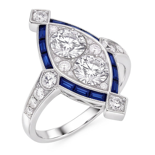 Round Old Miner Natural Earth Mined Diamond ( Not Lab Grown ) Ring & Baguette Sapphire 1.75 Carats