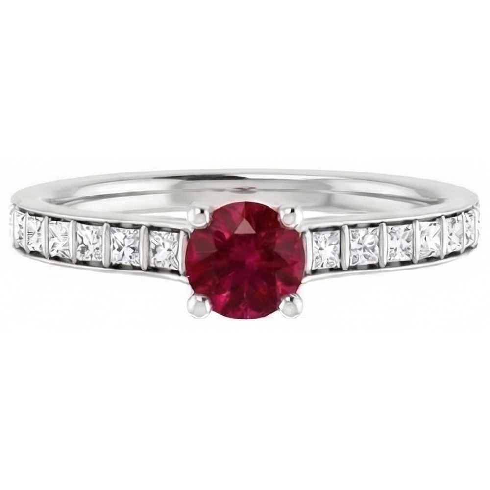 Round Ruby and Princess Natural Earth Mined Diamond ( Not Lab Grown ) Ring 2 Carats White Gold 14K