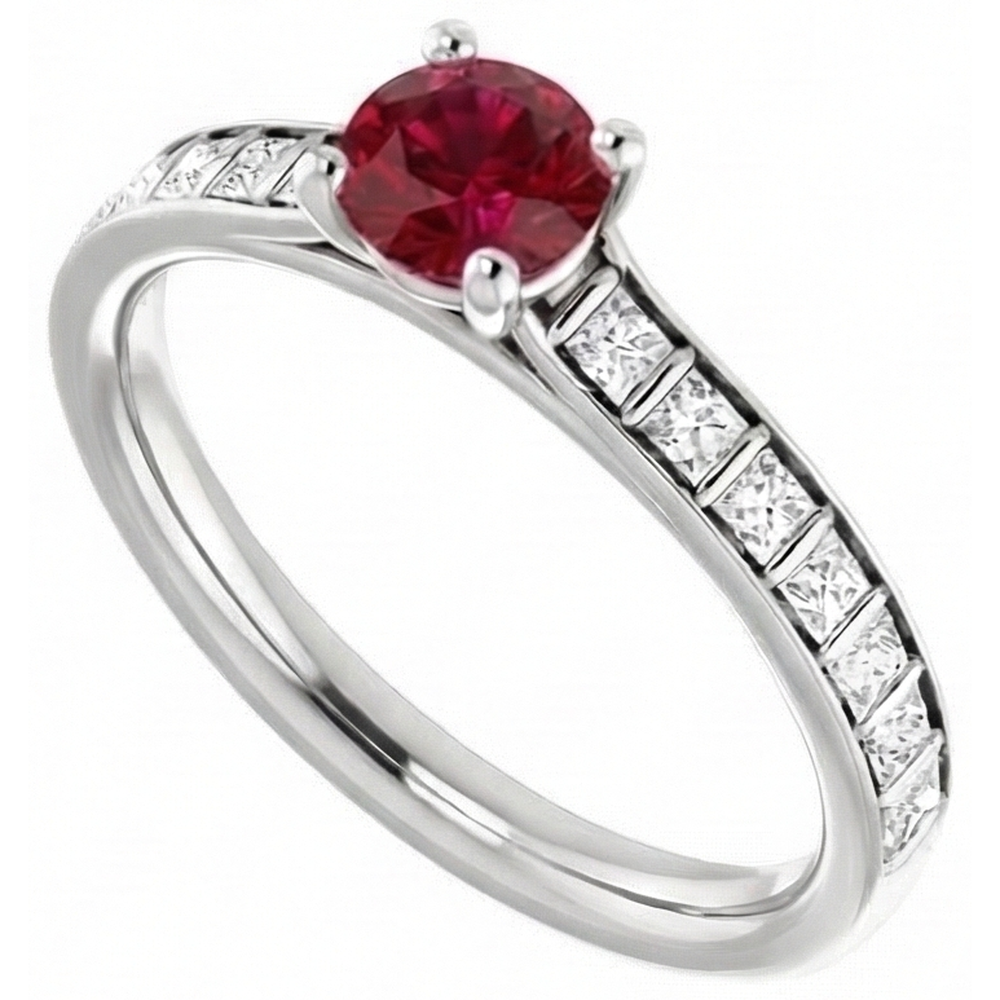Round Ruby and Princess Natural Earth Mined Diamond ( Not Lab Grown ) Ring 2 Carats White Gold 14K