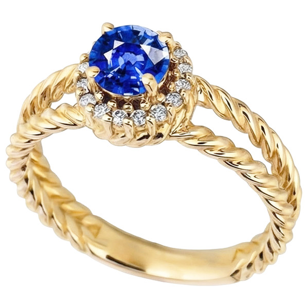 Round Sapphire And Natural Earth Mined Diamond ( Not Lab Grown )  Fancy Ring 2 Carats Yellow Gold 14K