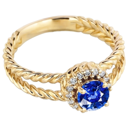 Round Sapphire And Natural Earth Mined Diamond ( Not Lab Grown )  Fancy Ring 2 Carats Yellow Gold 14K