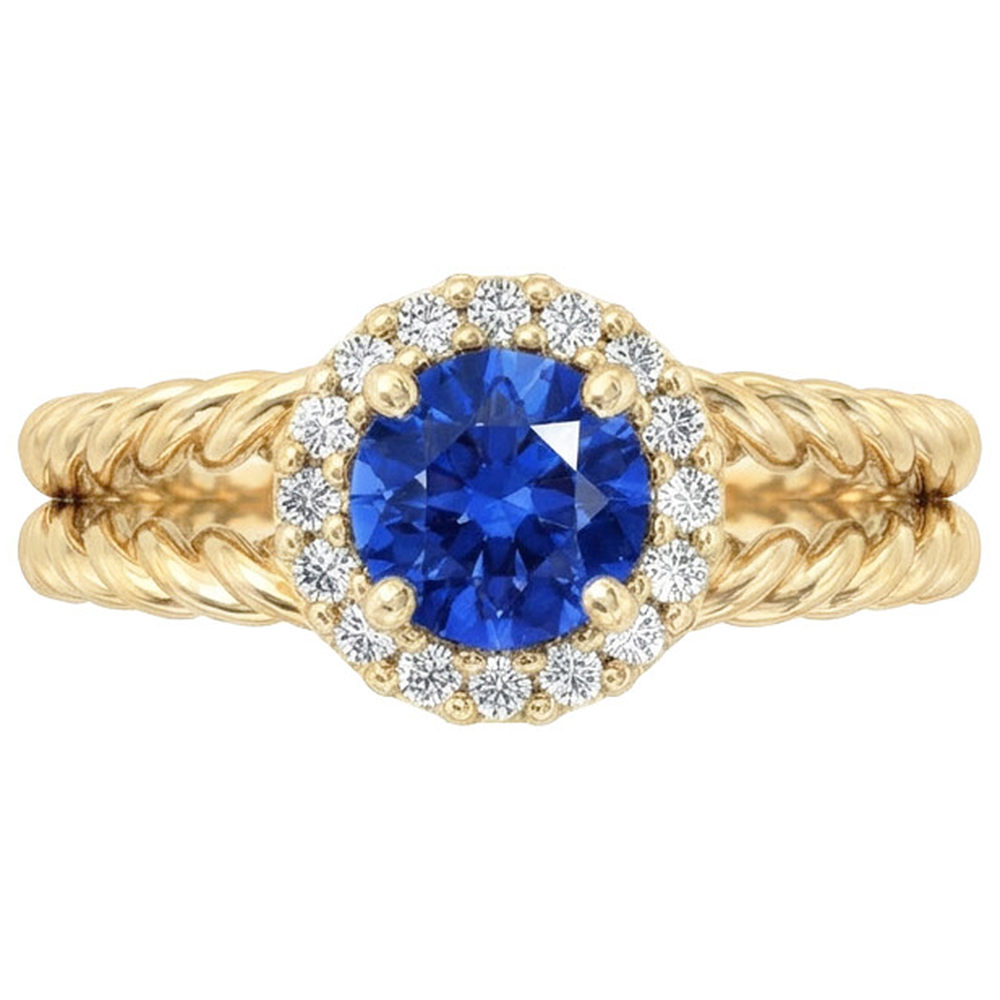Round Sapphire And Natural Earth Mined Diamond ( Not Lab Grown )  Fancy Ring 2 Carats Yellow Gold 14K