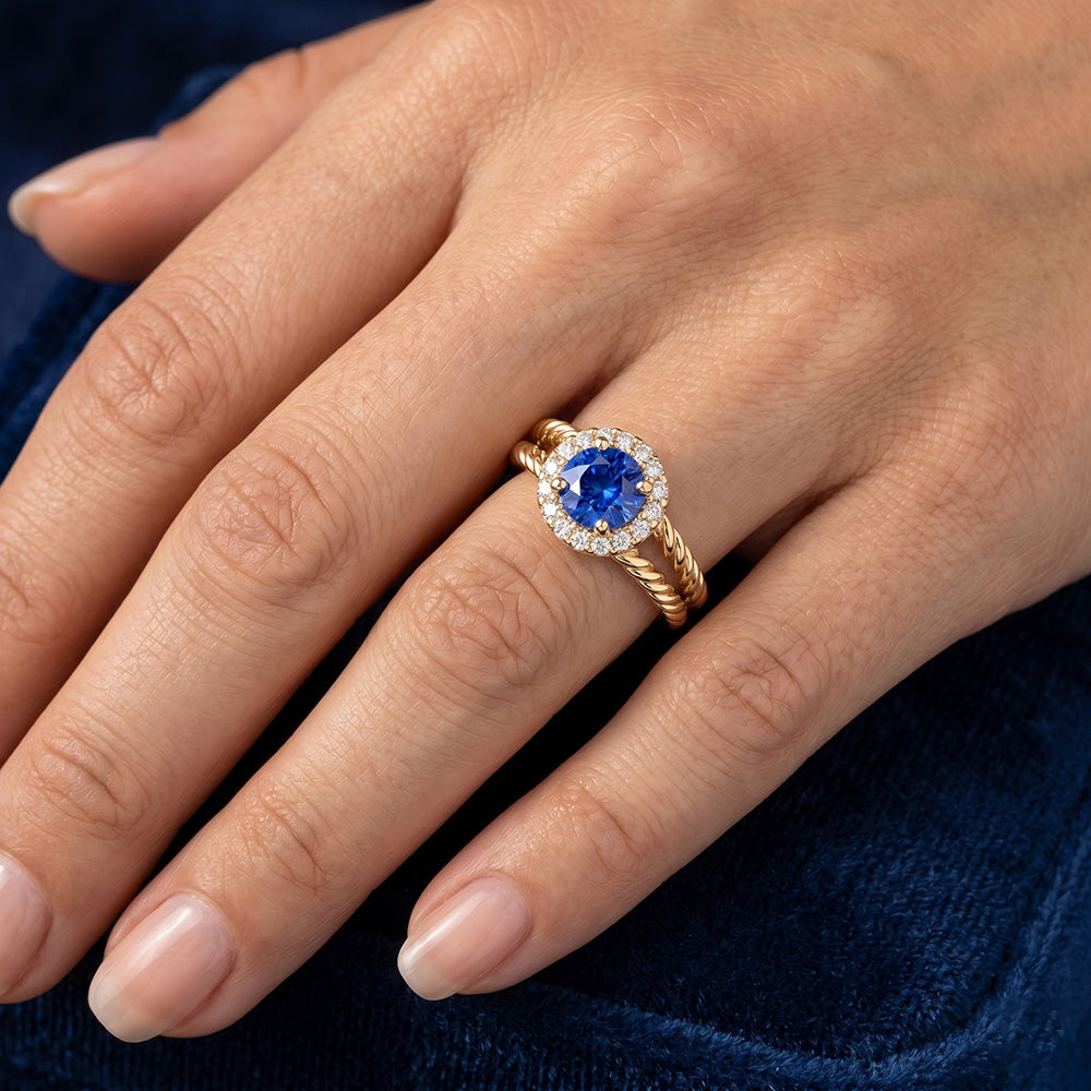 Round Sapphire And Natural Earth Mined Diamond ( Not Lab Grown )  Fancy Ring 2 Carats Yellow Gold 14K