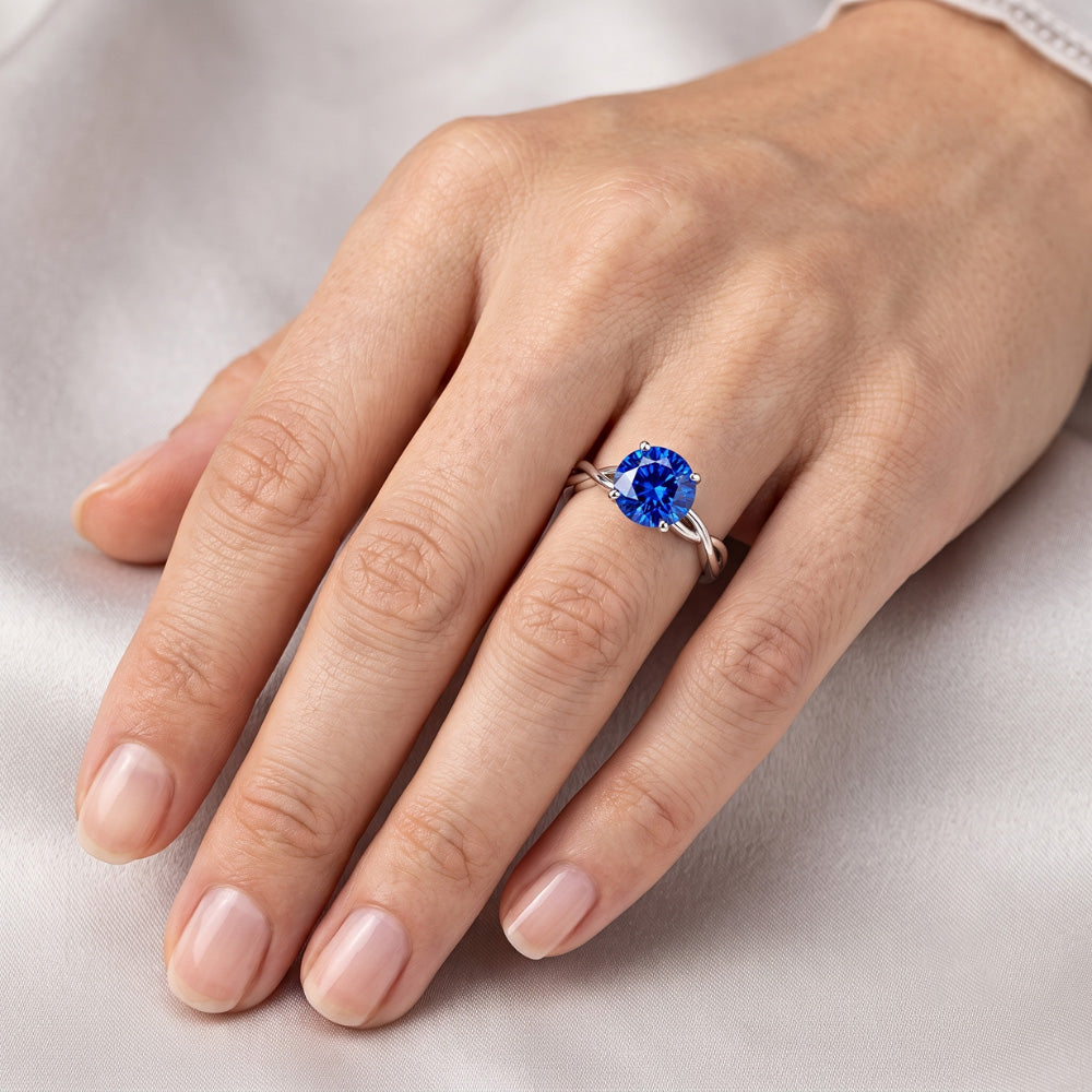 Round Solitaire Sapphire Ring Infinity Style Shank Gold 14K 2 Carats