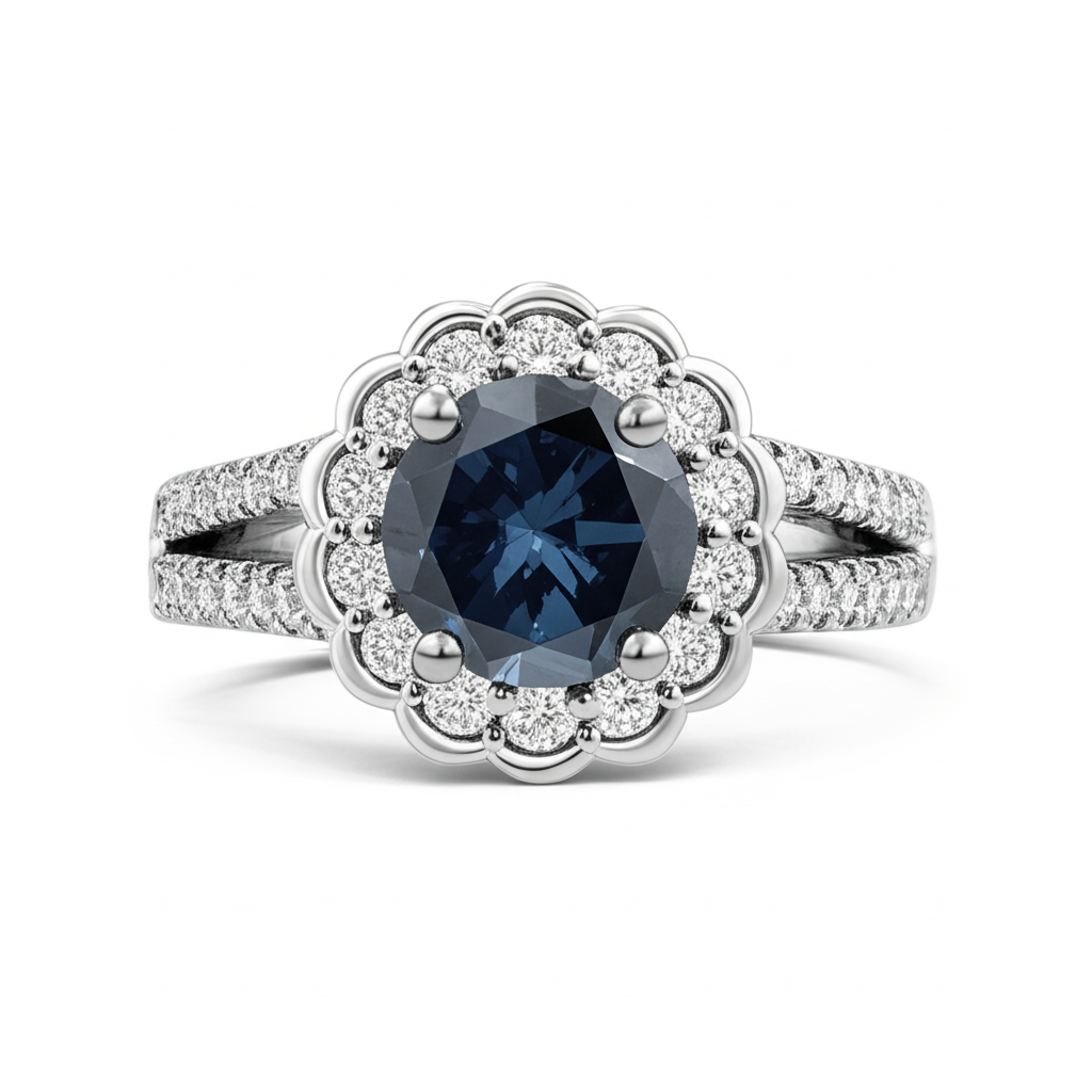 Round Sri Lanka Blue Sapphire Halo Natural Earth Mined Diamond ( Not Lab Grown ) Ring 2.25 Carats White Gold