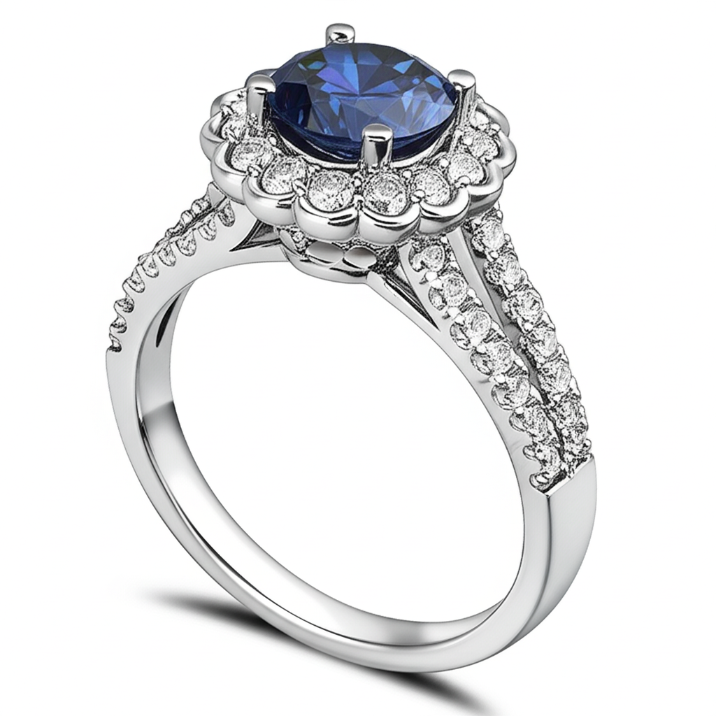 Round Sri Lanka Blue Sapphire Halo Natural Earth Mined Diamond ( Not Lab Grown ) Ring 2.25 Carats White Gold