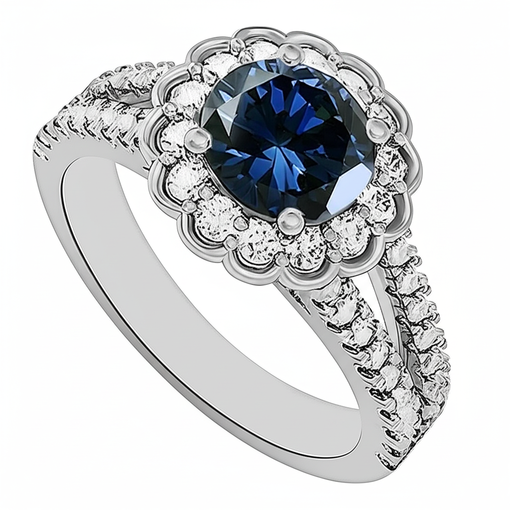 Round Sri Lanka Blue Sapphire Halo Natural Earth Mined Diamond ( Not Lab Grown ) Ring 2.25 Carats White Gold