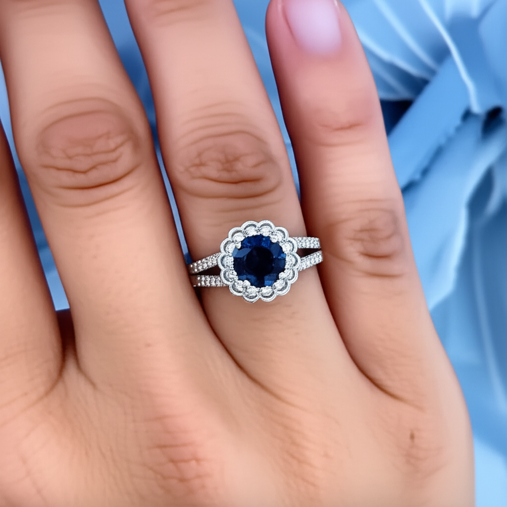 Round Sri Lanka Blue Sapphire Halo Natural Earth Mined Diamond ( Not Lab Grown ) Ring 2.25 Carats White Gold