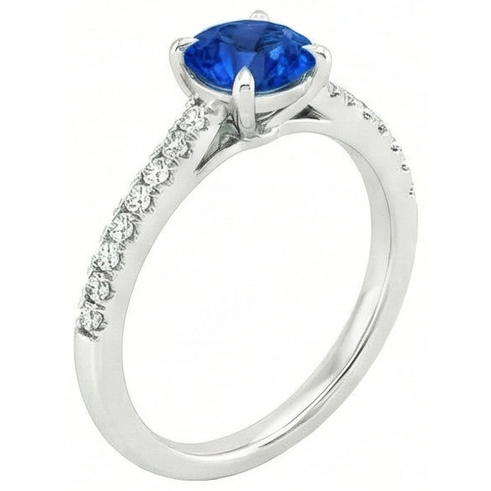 Round Sri Lanka Sapphire Ring Natural Earth Mined Diamond ( Not Lab Grown )  Jewelry White Gold 14K