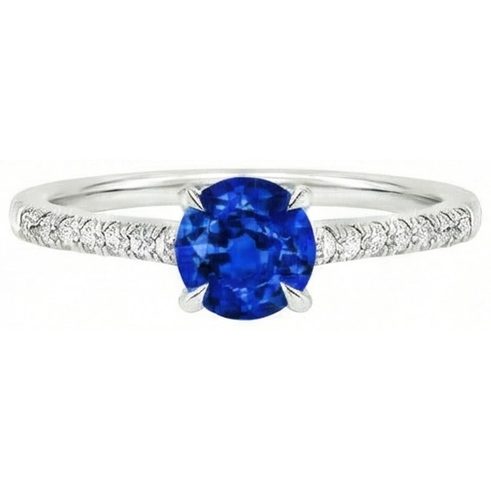Round Sri Lanka Sapphire Ring Natural Earth Mined Diamond ( Not Lab Grown )  Jewelry White Gold 14K