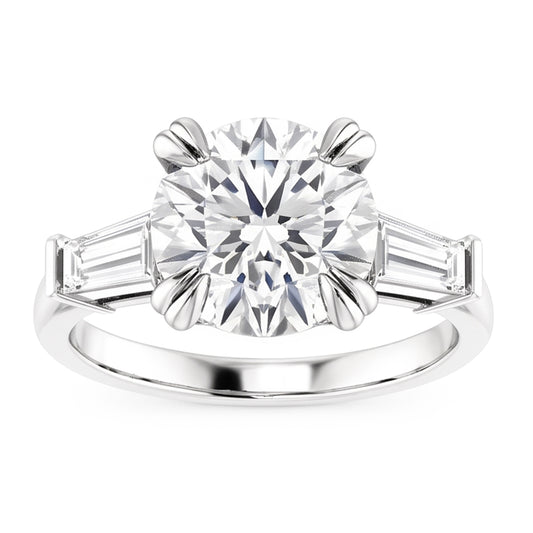 Round With Baguette Real Natural Earth Mined Diamond ( Not Lab Grown ) 3 Stone Ring White Gold 2.30 Carats