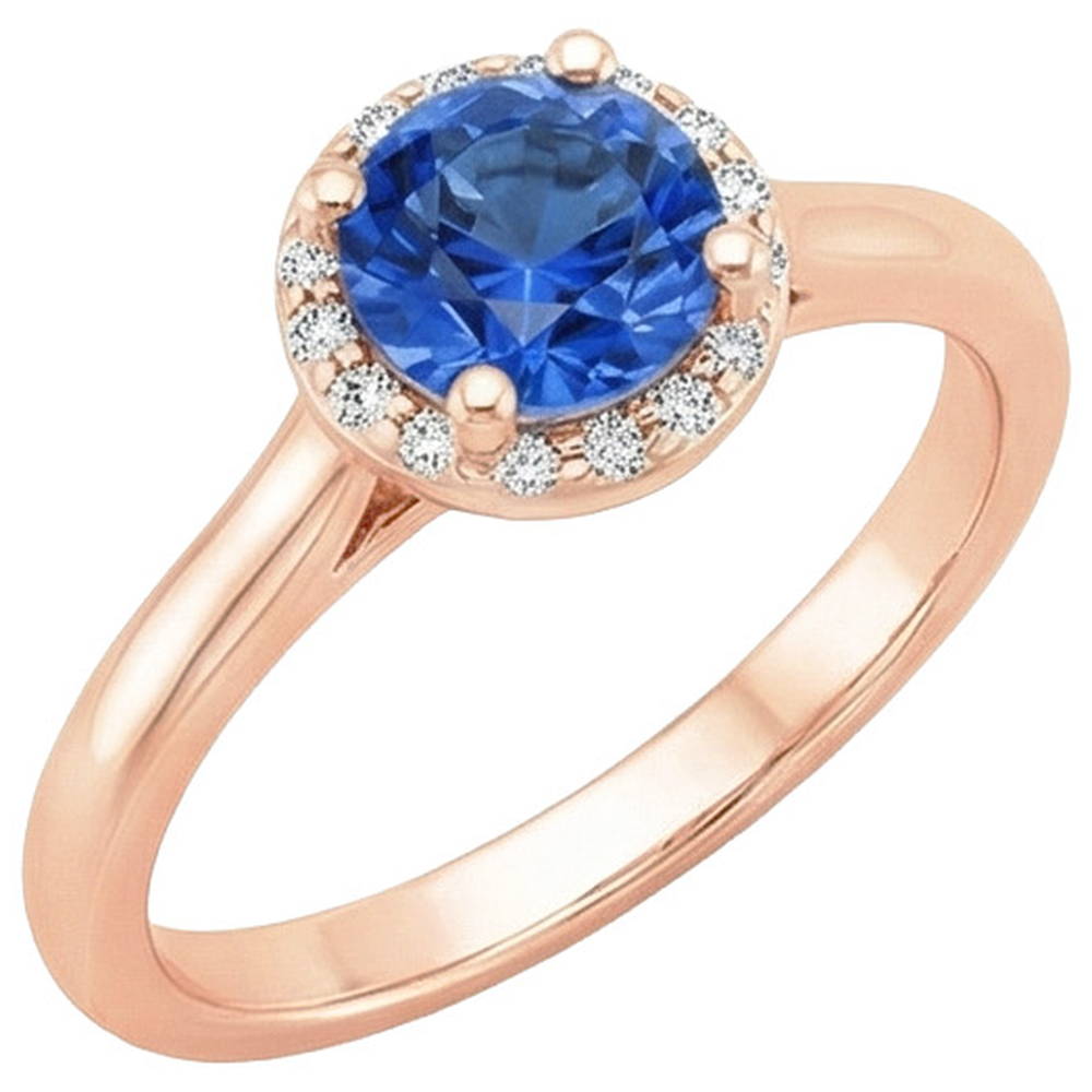 Round Women's Engagement Ring Halo Blue Sapphire Rose Gold 2.50 Carats