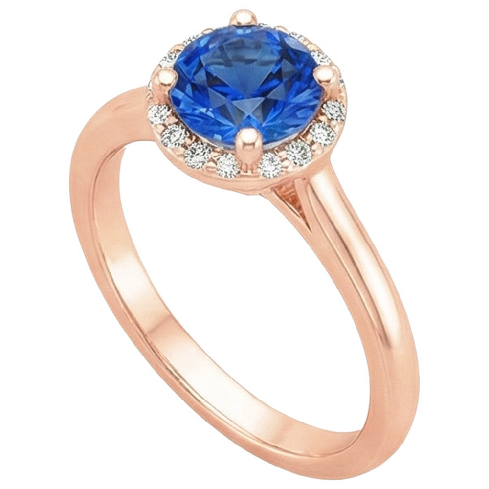 Round Women's Engagement Ring Halo Blue Sapphire Rose Gold 2.50 Carats