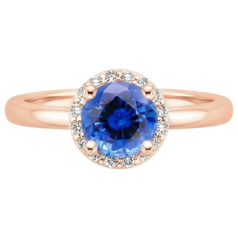 Round Women's Engagement Ring Halo Blue Sapphire Rose Gold 2.50 Carats