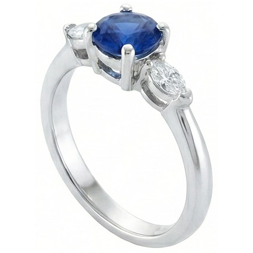 Round & Marquise Ceylon Blue Sapphire Natural Earth Mined Diamond ( Not Lab Grown ) s Ring White Gold 2.50 Ct