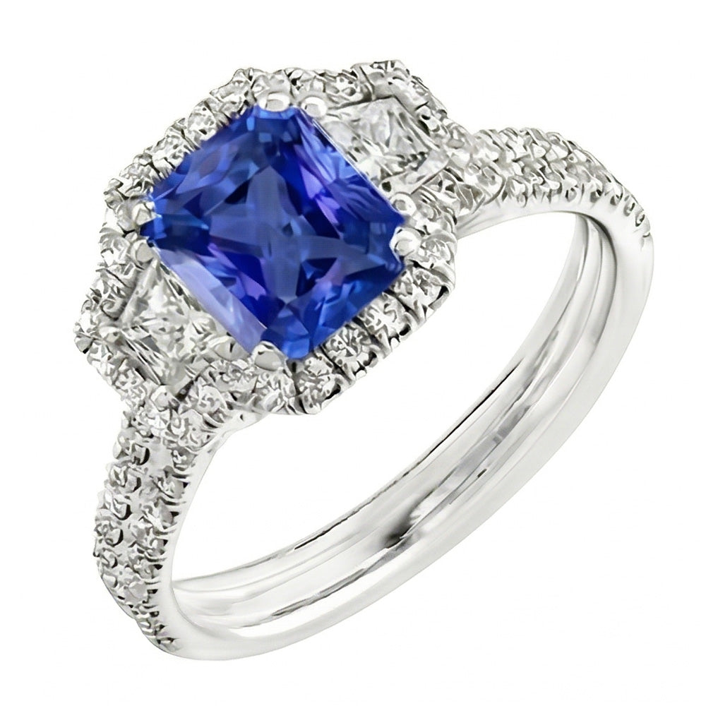 Round & Trapezoid Natural Earth Mined Diamond ( Not Lab Grown ) Halo Sapphire Engagement Ring 4 Carats