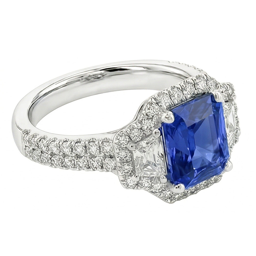 Round & Trapezoid Natural Earth Mined Diamond ( Not Lab Grown ) Halo Sapphire Engagement Ring 4 Carats