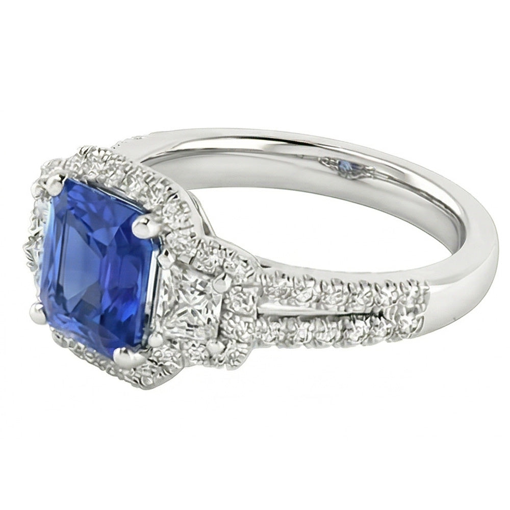 Round & Trapezoid Natural Earth Mined Diamond ( Not Lab Grown ) Halo Sapphire Engagement Ring 4 Carats
