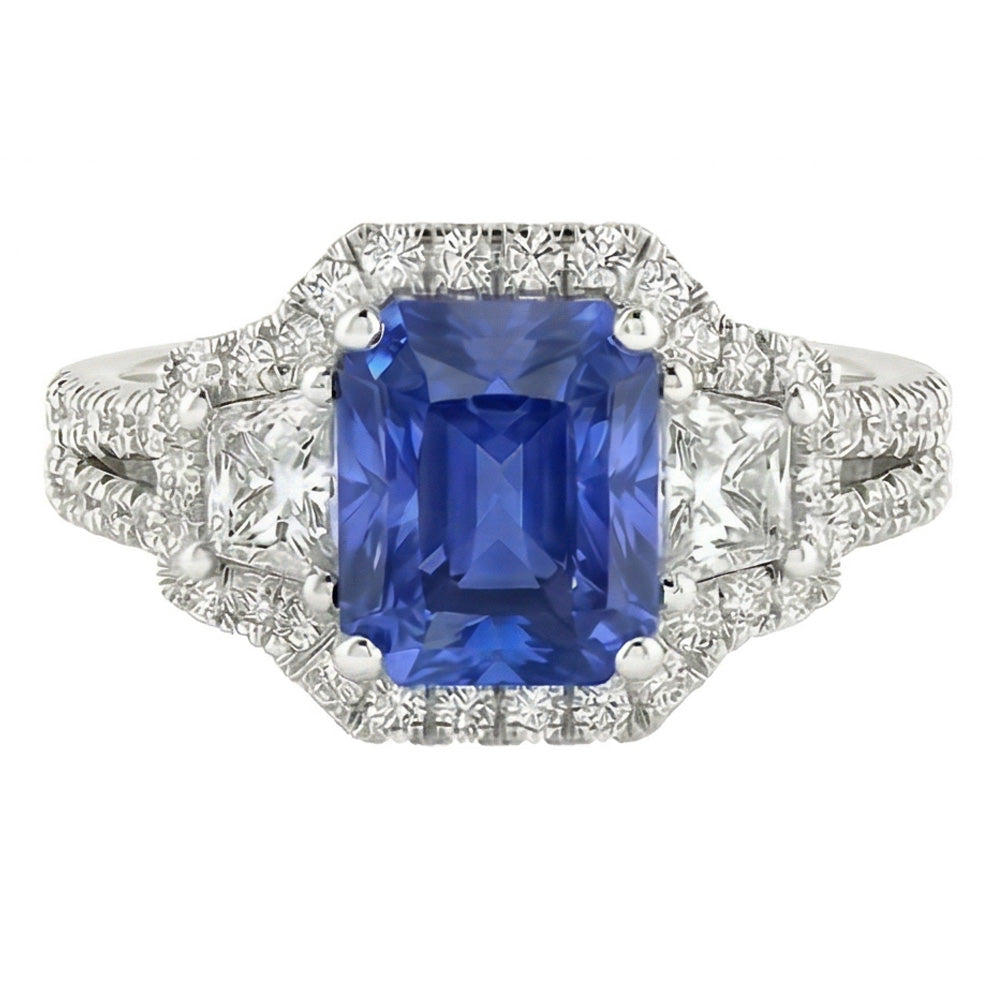 Round & Trapezoid Natural Earth Mined Diamond ( Not Lab Grown ) Halo Sapphire Engagement Ring 4 Carats