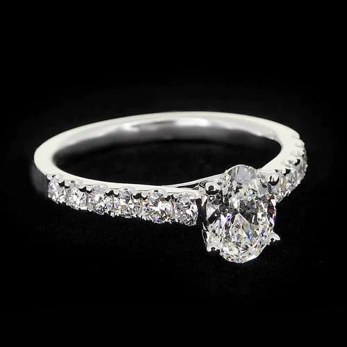 Round Accented 1.75 Carats Prong Setting Oval Natural Diamond Ring White Gold 