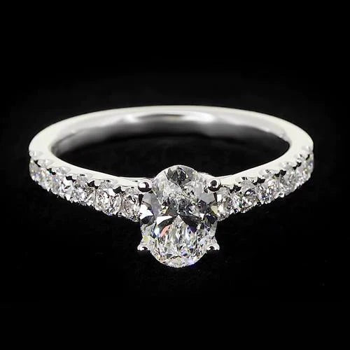 Round Accented 1.75 Carats Prong Setting Oval Natural Diamond Ring White Gold Jewelry