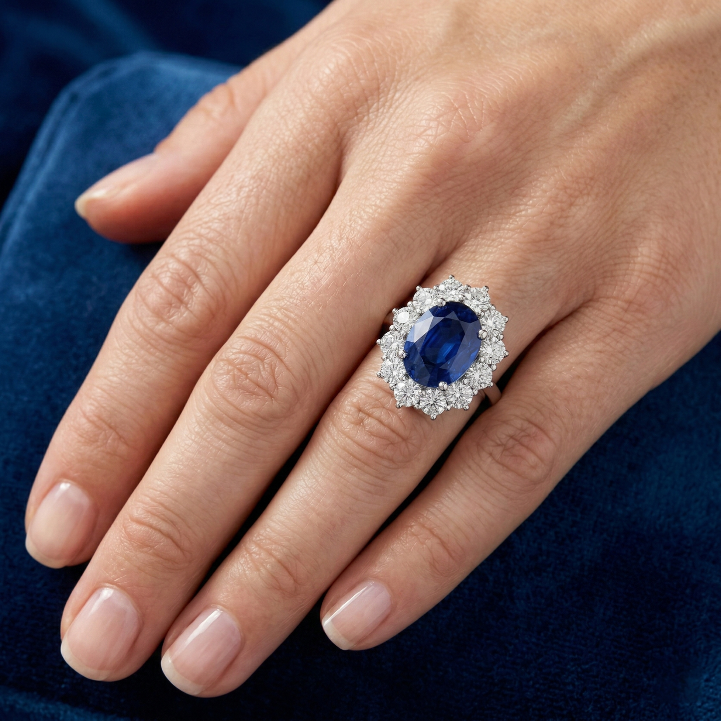 Round And Oval Ceylon Sapphire 6 Carat Natural Earth Mined Diamond ( Not Lab Grown )  Ring White Gold 14K