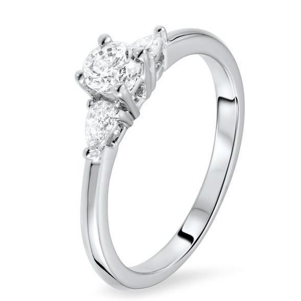 Round And Pear Cut 2.20 Ct Three Stone Real Diamonds Engagement Ring