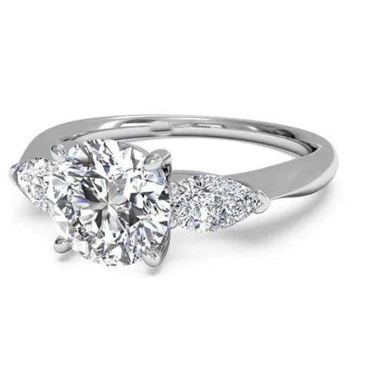 Round And Pear Natural Diamond Three Stone Ring 1.30 Carats White Gold 14K