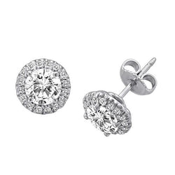 Round Brilliant Cut Halo Real Natural Earth Mined Diamond Stud Earrings 2.82 Ct. White Gold 14K