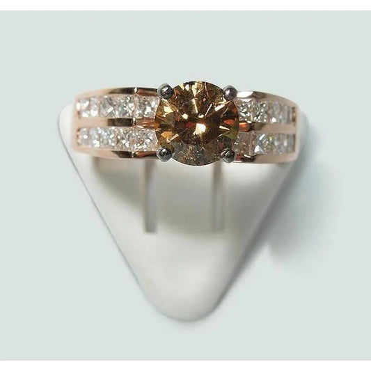 Round Brown Champagne Real Diamond Gemstone Ring 2.5 Carat Rose Gold 14K