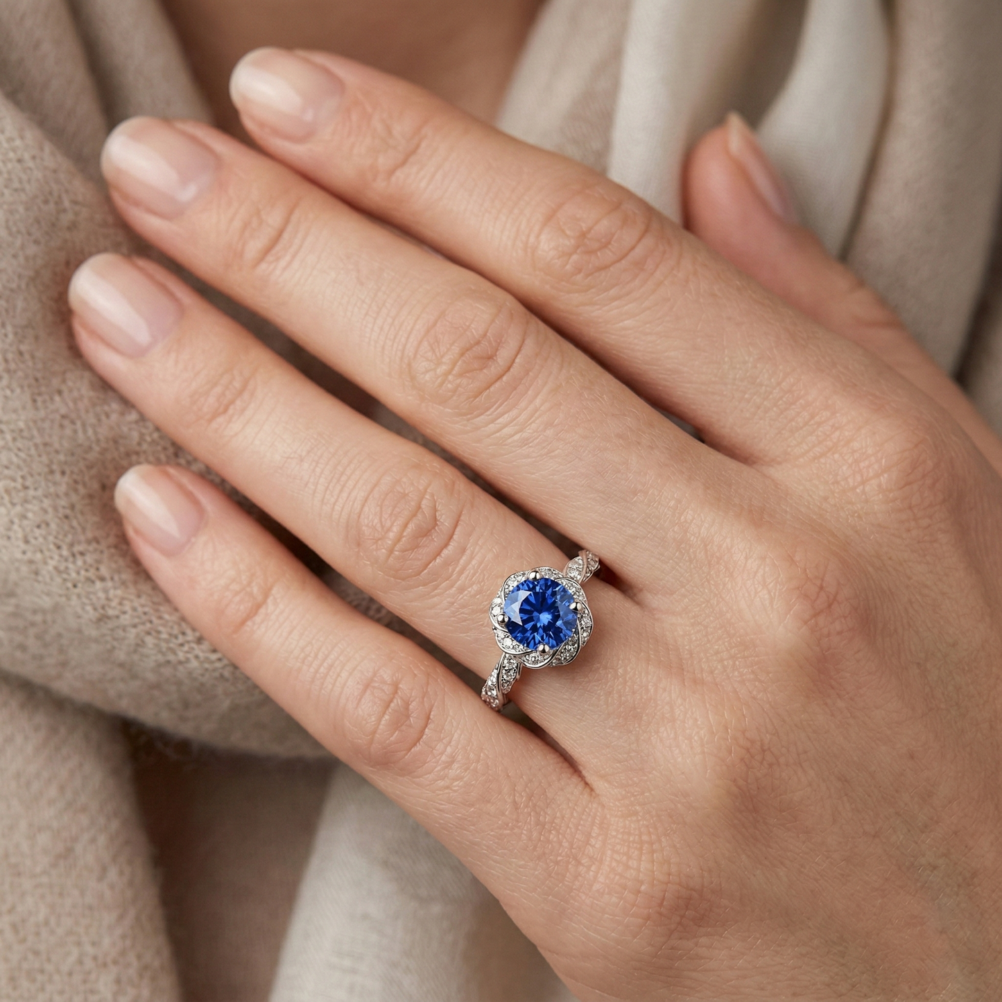 Round Ceylon Sapphire Gem Stone Natural Earth Mined Diamond ( Not Lab Grown )  Ring White Gold 14K 2.15 Ct.