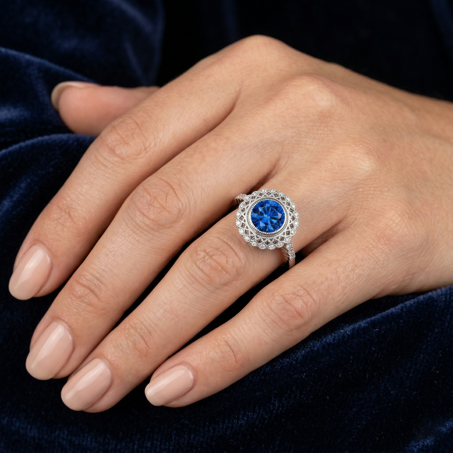 Round Ceylon Sapphire Natural Earth Mined Diamond ( Not Lab Grown )  Ring Bezel Set 3.80 Carat White Gold 14K
