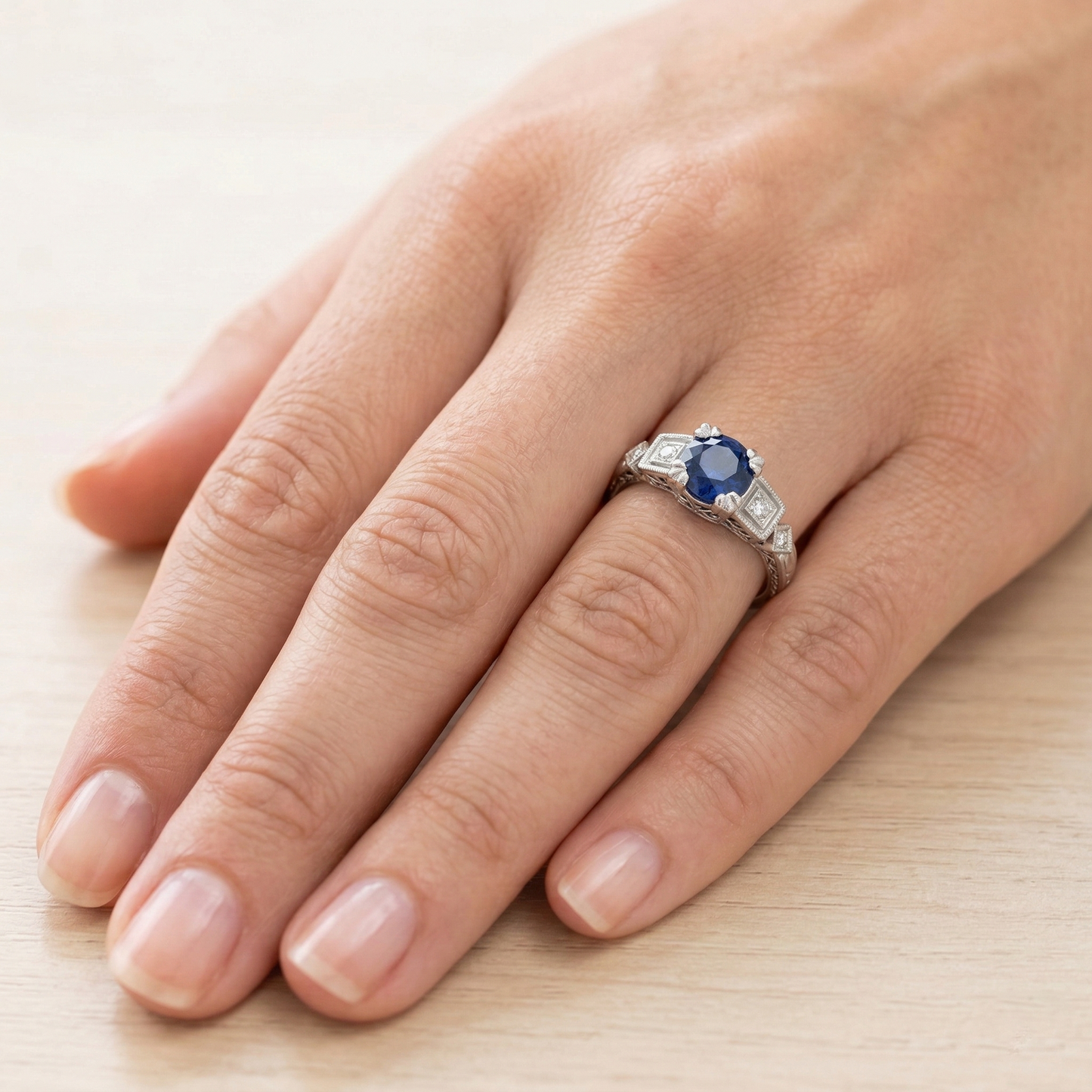 Round Cut 1.65 Ct Sri Lankan Sapphire And Natural Earth Mined Diamond ( Not Lab Grown ) s Ring White Gold 14K