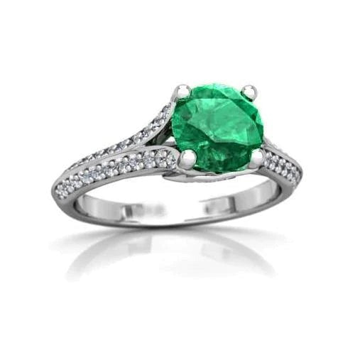 Round Cut 3.20 Ct. Green Emerald And Diamonds Wedding Ring Gold White 14K