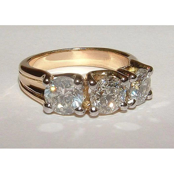 Round Cut 3 Stone Real Diamond Ladies Ring 3 Carat Yellow Gold 14K