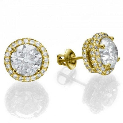 Round Cut 4.50 Carats Real Diamonds Studs Halo Earrings Yellow Gold 14K New