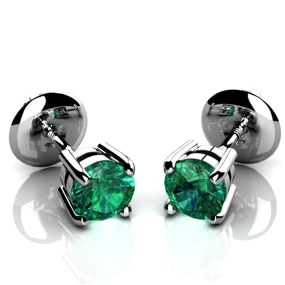 Round Cut 4 Carats Green Emerald Ladies Studs Earrings White Gold 14K
