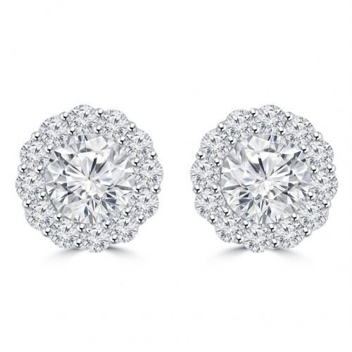 Round Cut 4 Carats Real Diamond Ladies Stud Halo Earrings 14K White Gold