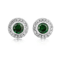 Round Cut 4 Ct Green Emerald With Diamond Halo Studs Earrings Gold