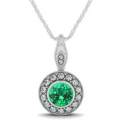 Round Cut Bezel Set Green Emerald & Natural Earth Mined Diamonds 4.50 Carats Gemstone Pendant