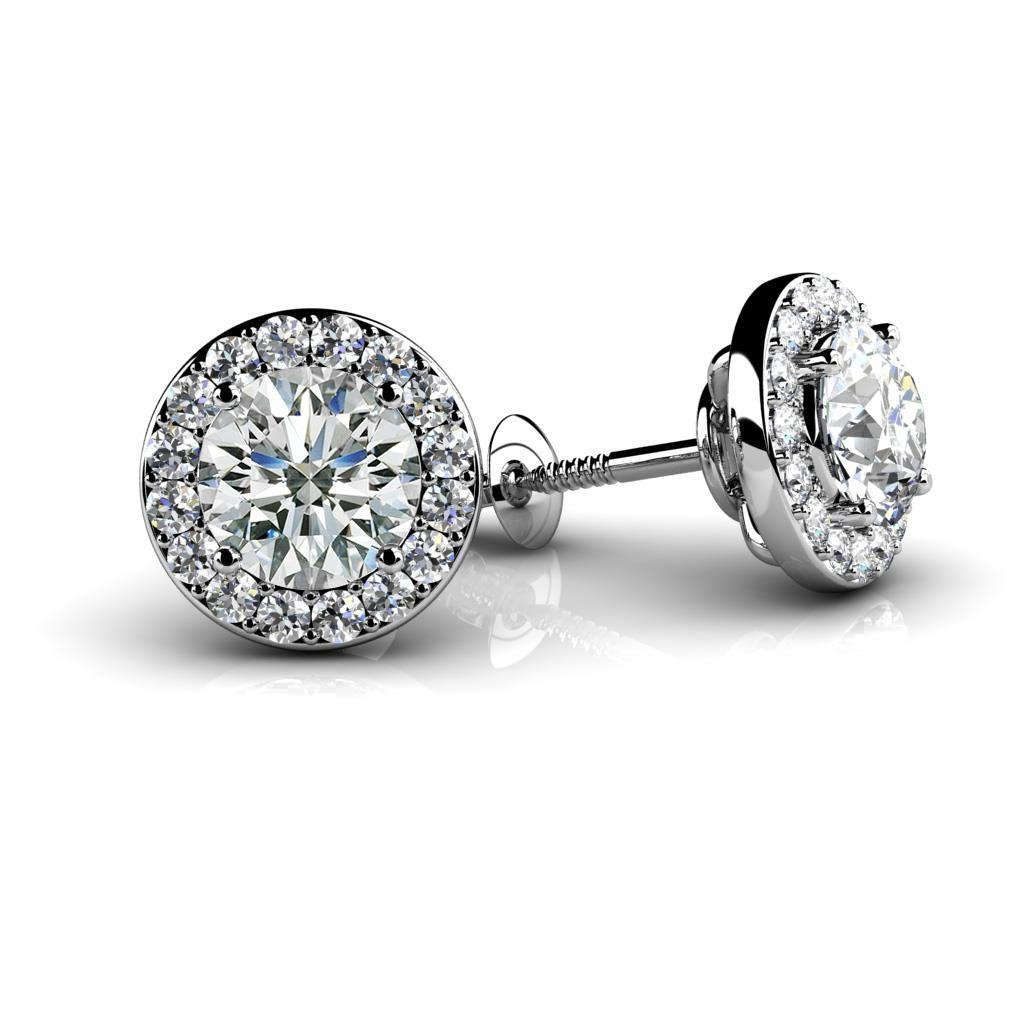 Round Cut Halo Real Diamond Stud Earrings 2.40 Carat White Gold 14K